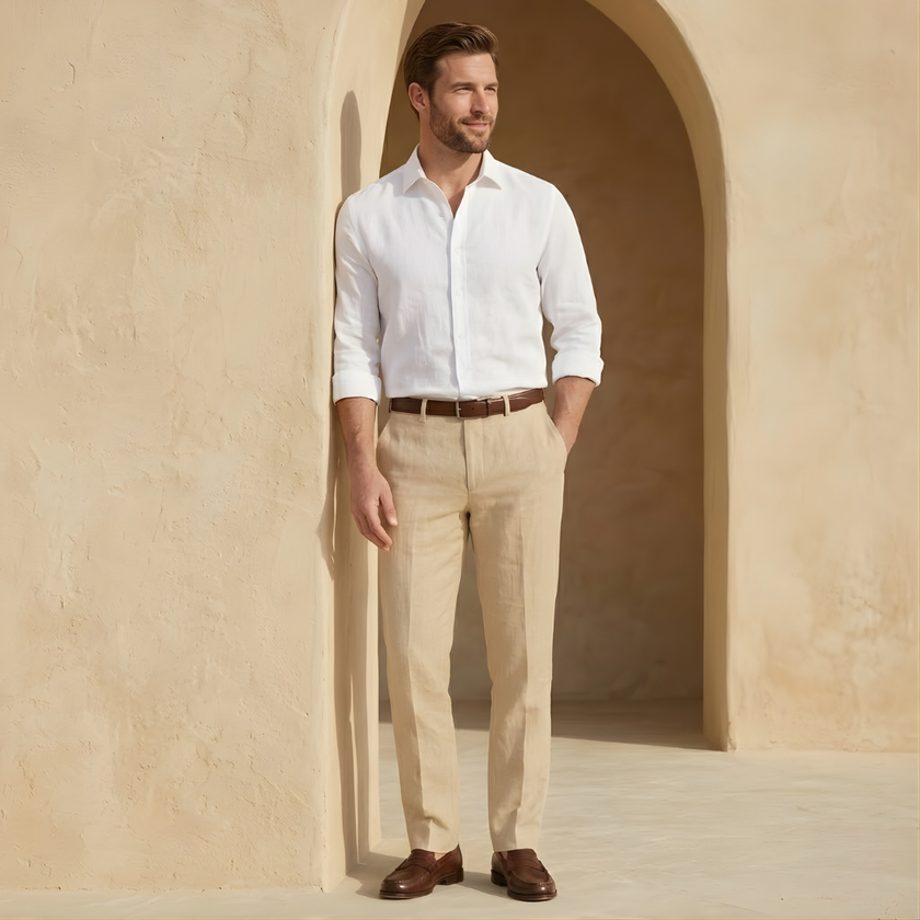 FJØRNA men's linen straight leg trousers with pleats, lightweight and stylish pants for casual or formal wear.
