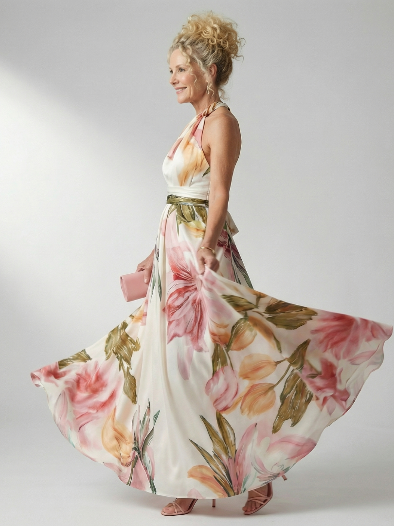 FJØRNA women's summer maxi dress with floral pattern, halter neck, sleeveless, relaxed fit, perfect for warm weather.