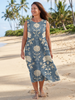 FJØRNA women's floral sleeveless wrap midi dress, summer style with a fitted waist and flowing skirt, perfect for warm weather.
