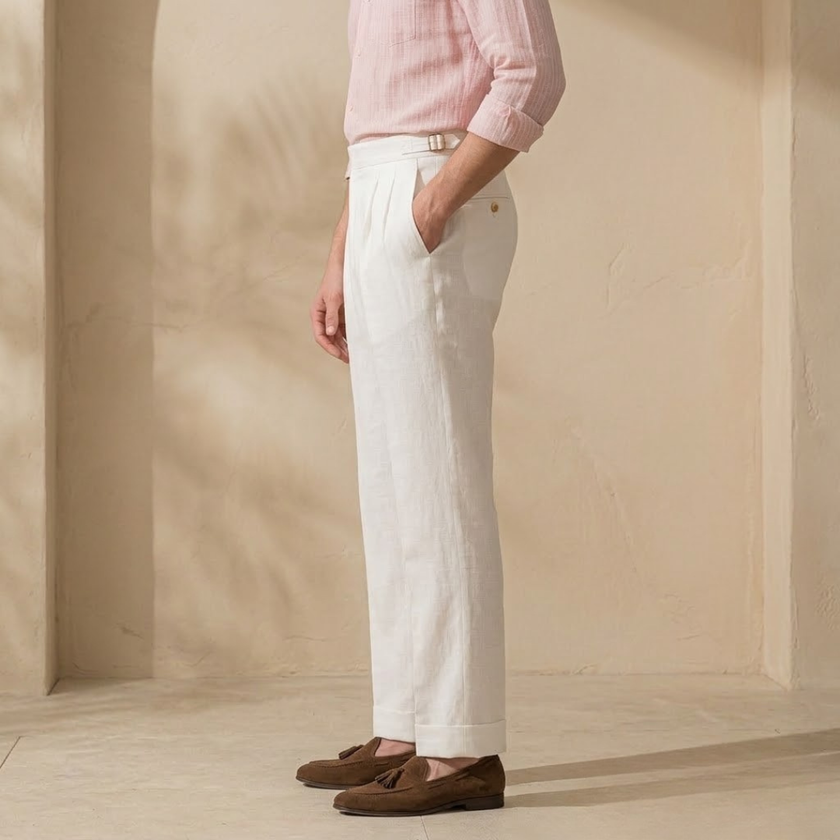 FJØRNA men's linen straight leg trousers with high waist and pleats, displayed flat showing front view and tailored fit.