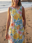 FJØRNA women's summer midi dress with short sleeves, flowy lightweight fabric, ideal for warm weather and casual outings