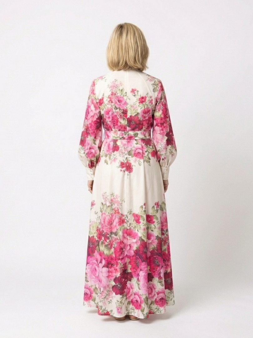 FJØRNA women's floral belted summer maxi dress with colorful pattern, sleeveless design, and flowing fabric.