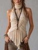 Ivory pleated halter neck chiffon sleeveless blouse for women by FJØRNA, showcasing the elegant pleated design and halter neckline.