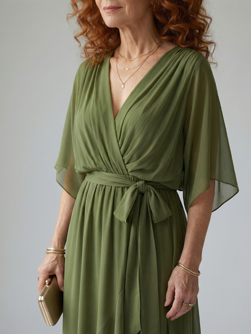 Flowy FJØRNA summer midi dress for women with V-neck, lightweight fabric, and relaxed fit suitable for warm weather.