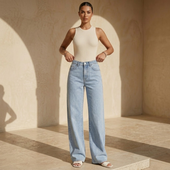 Women’s high waisted wide leg denim jeans by FJØRNA, showing the stylish fit and classic blue denim fabric.