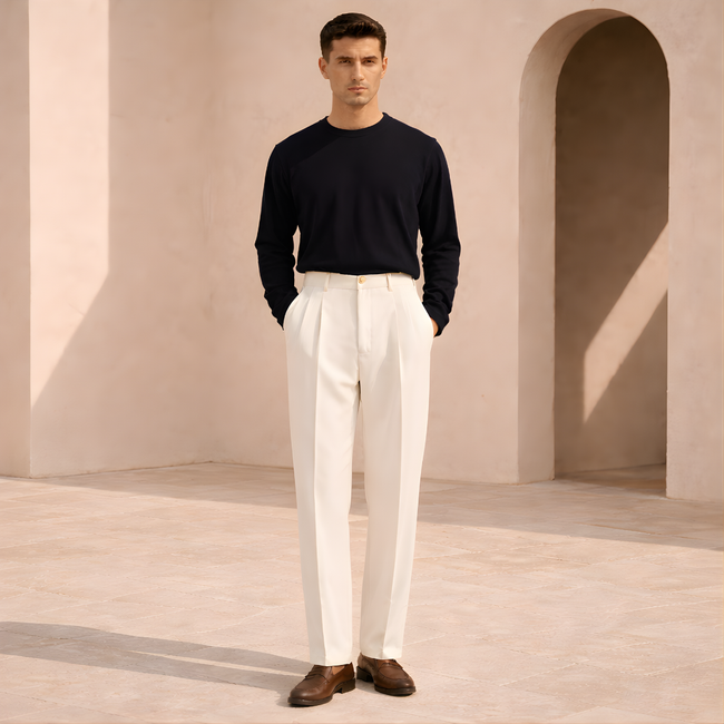 FJØRNA men's wide leg pleated trousers with a relaxed fit, featuring a stylish and comfortable design for casual wear.
