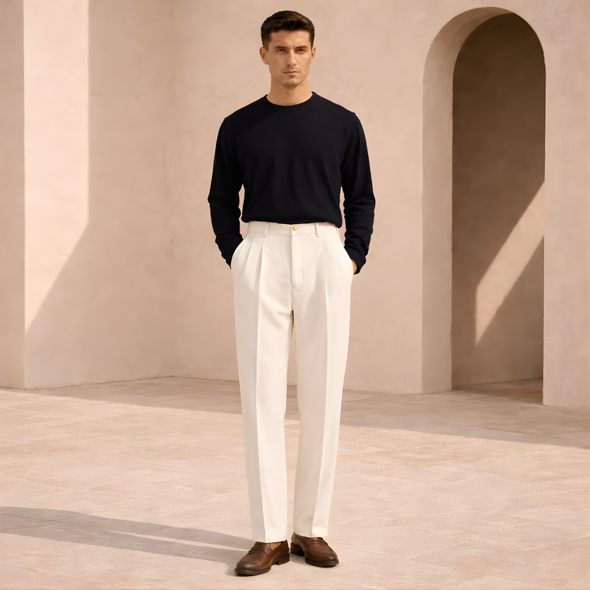 FJØRNA men's wide leg pleated trousers with a relaxed fit, featuring a stylish and comfortable design for casual wear.