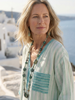 FJØRNA women's summer midi dress with striped pattern, short sleeves, wrap style, flowy fit, perfect for warm weather.