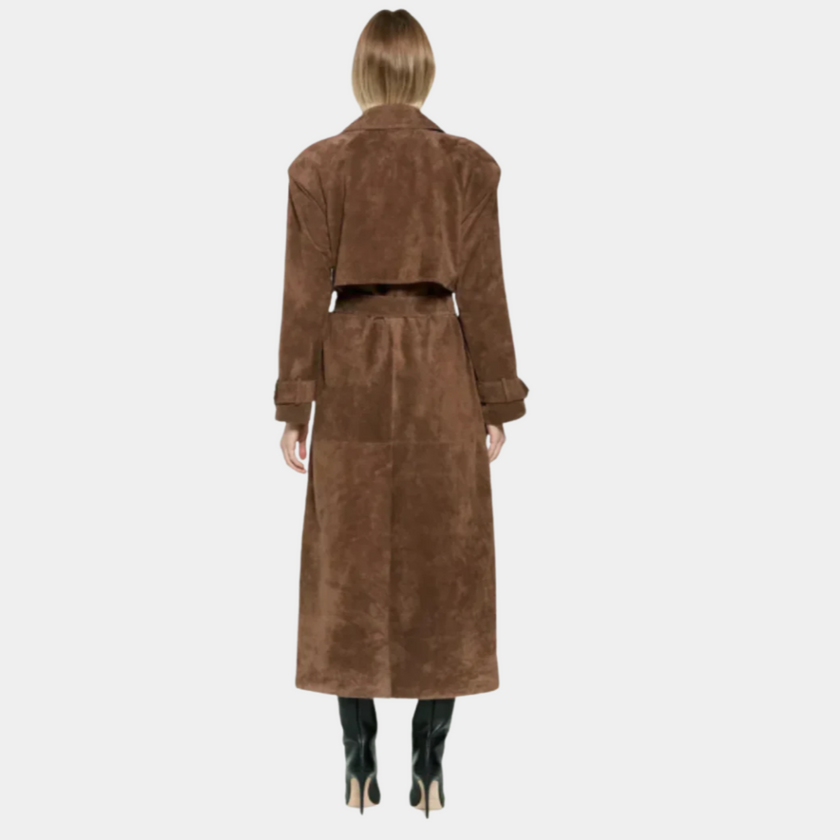 Belted Long Coat Suede Brown