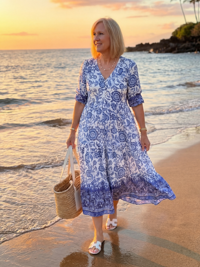 FJØRNA women's floral summer midi dress with flowy fabric, featuring a lightweight, breezy design for warm weather.