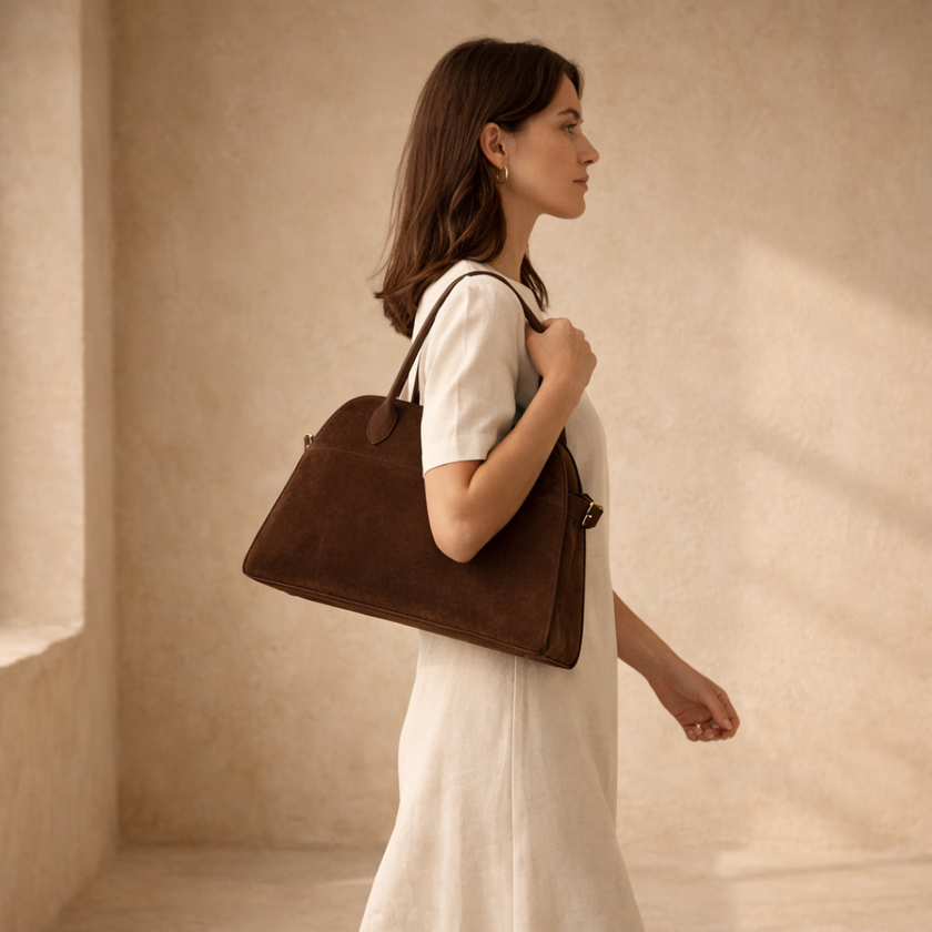 Vegan suede large handbag for women by FJØRNA, stylish bag with sleek design and spacious interior.