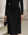 FJØRNA elegant cowl neck 3/4 sleeve bodycon midi dress for women, fitted and stylish for sophisticated occasions.