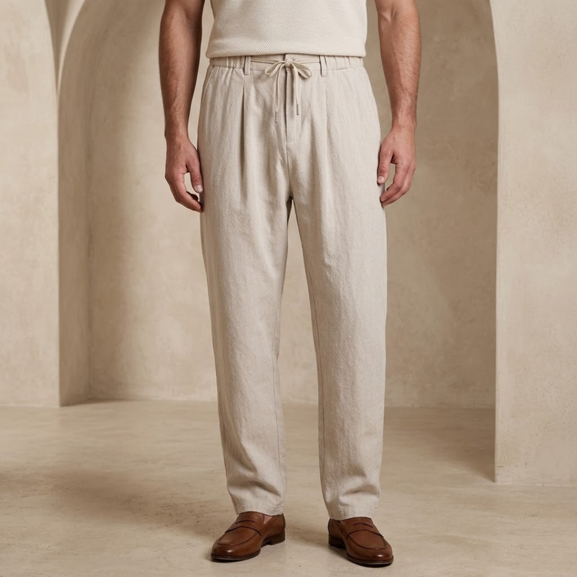 Men’s linen blend trousers by FJØRNA, lightweight casual summer pants in neutral color, tailored fit with relaxed style.