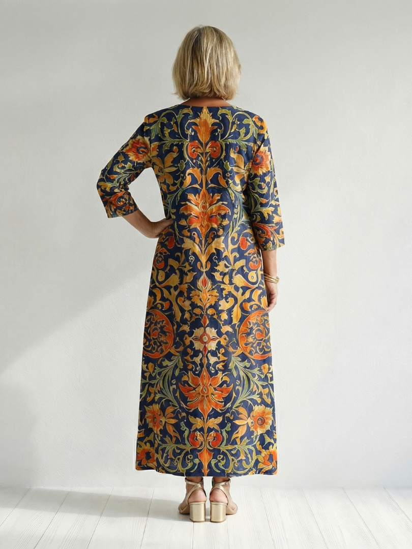 FJØRNA women's floral summer midi dress with long sleeves, wrap style, tailored fit, perfect for warm weather.