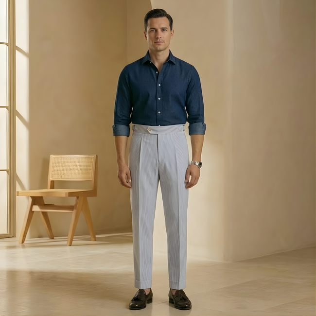 Men's high waist tailored straight leg trousers by FJØRNA, shown in a neutral color, with a classic fit and clean design.