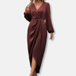 FJØRNA elegant midi dress for women with V-neck and long sleeves, in a sophisticated design perfect for formal occasions.