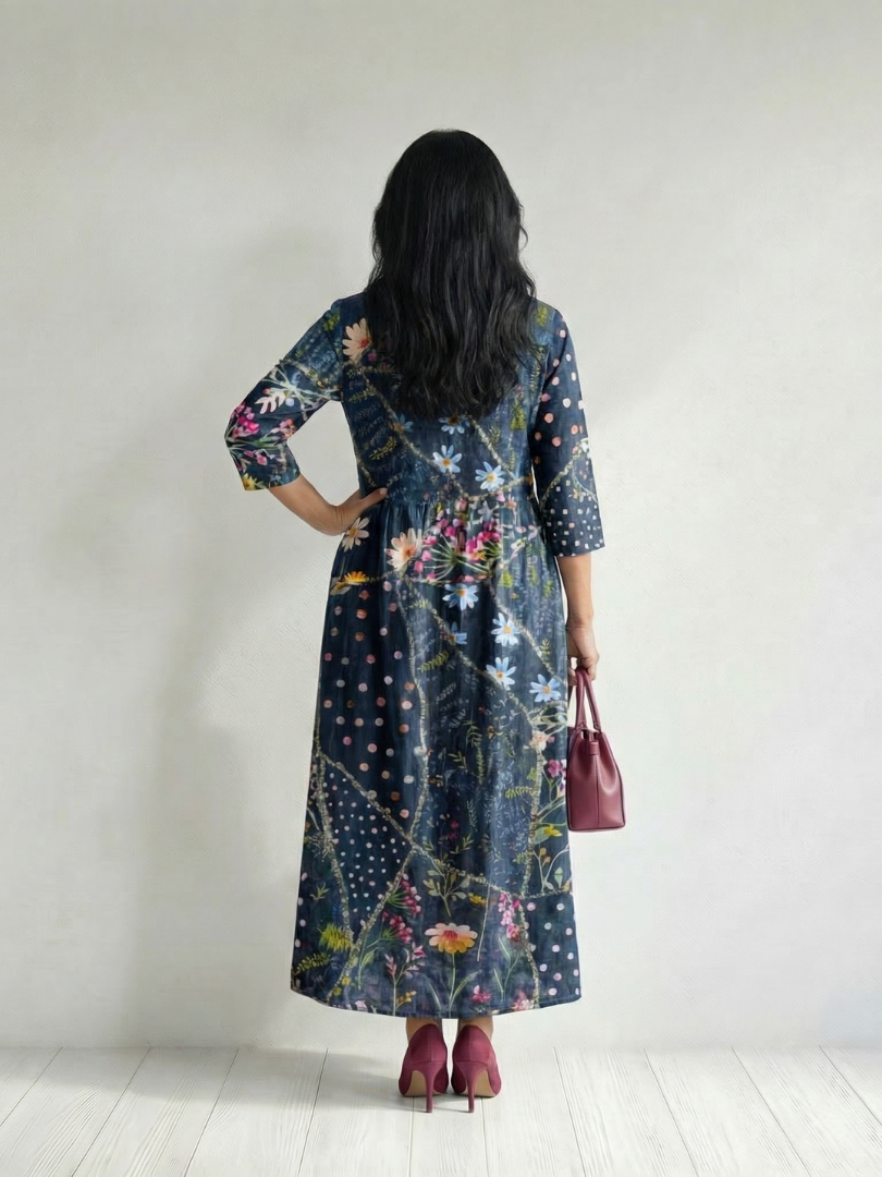 FJØRNA floral summer midi dress for women with long sleeves and wrap design, featuring a vibrant floral pattern and elegant fit.