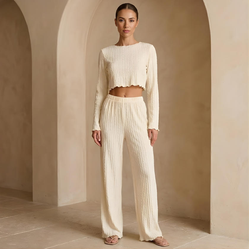 FJØRNA women’s soft knit lounge co-ord set featuring a cozy matching top and pants in a relaxed fit.