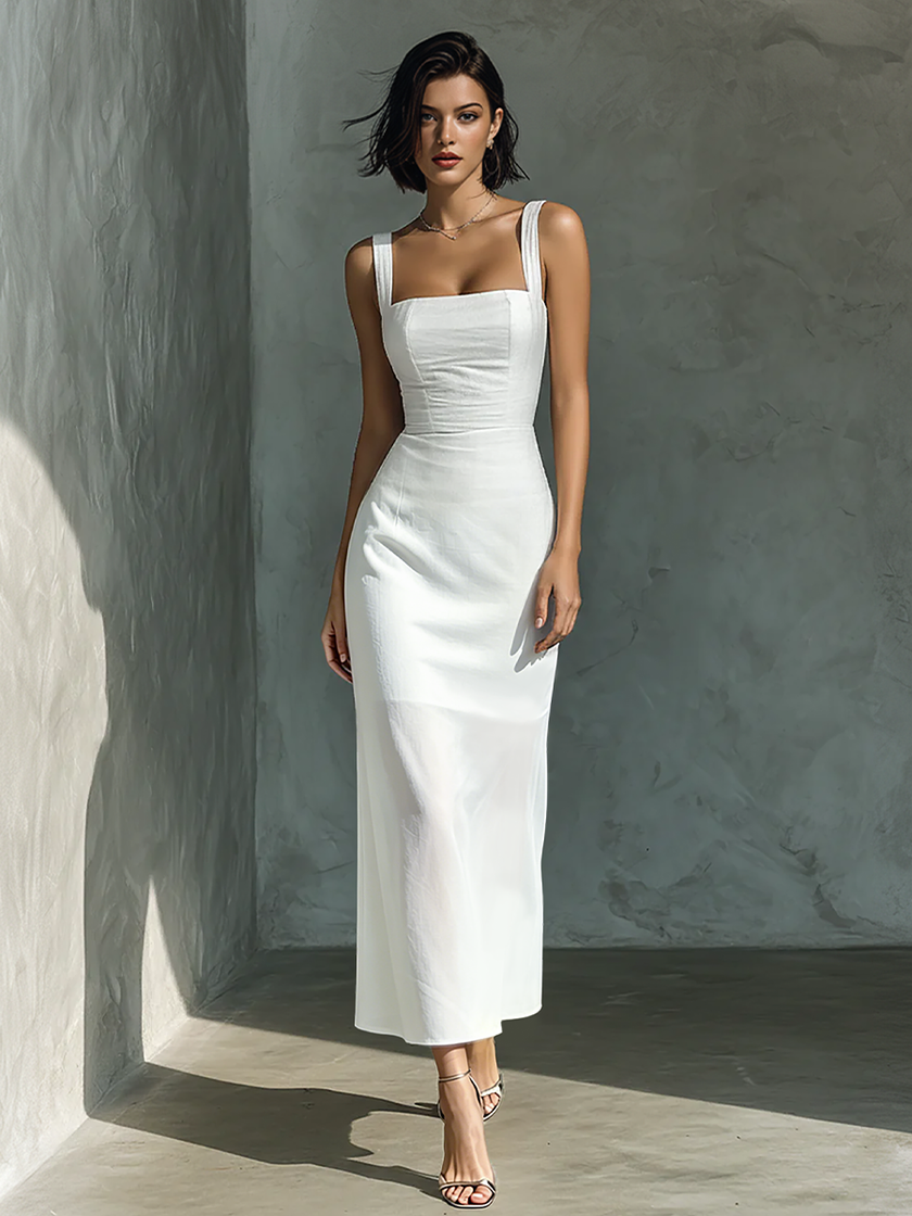 White cotton and linen blend sleeveless women's midi dress by FJØRNA, featuring a flowing, lightweight design perfect for warm weather.
