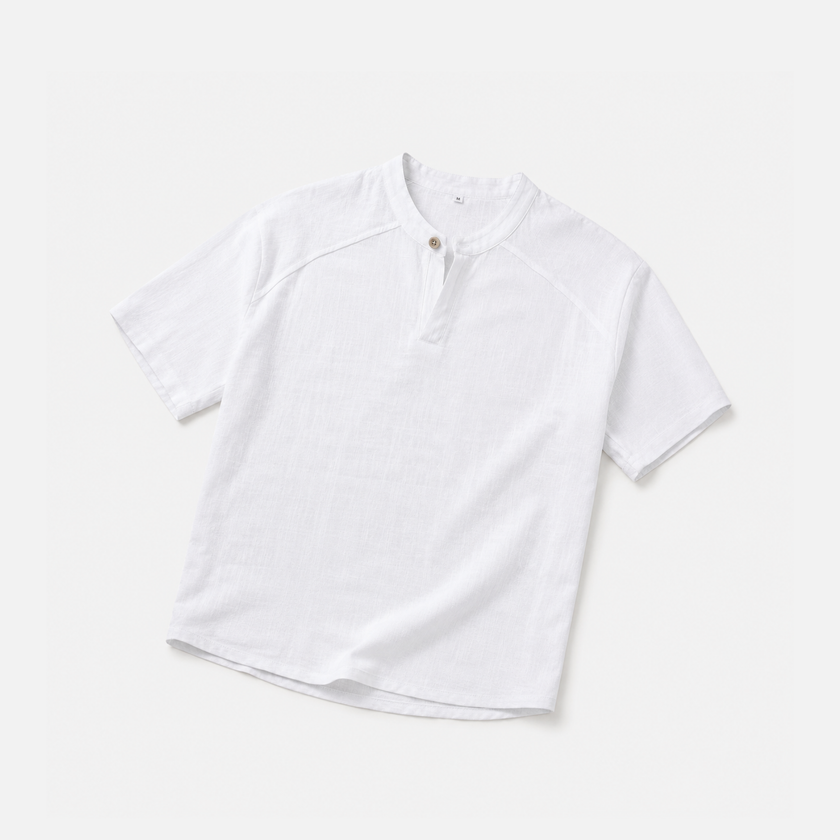 Men's FJØRNA linen short sleeve Henley T-shirt in light fabric, featuring a buttoned neckline and casual fit.