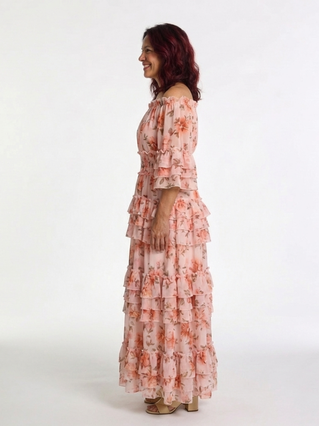 FJØRNA women's floral ruffle summer maxi dress featuring a flowing silhouette and vibrant flower print.