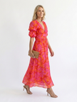 FJØRNA women's floral summer midi dress with puff sleeves, lightweight fabric, and a flowing silhouette for warm weather.