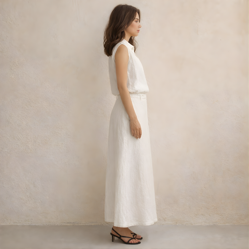 FJØRNA women’s sleeveless linen co-ord set with matching top and wide-leg pants, lightweight and stylish for warm weather.