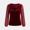Elegant FJØRNA cowl neck velvet top featuring diamond mesh sleeves, showcasing rich texture and stylish design.