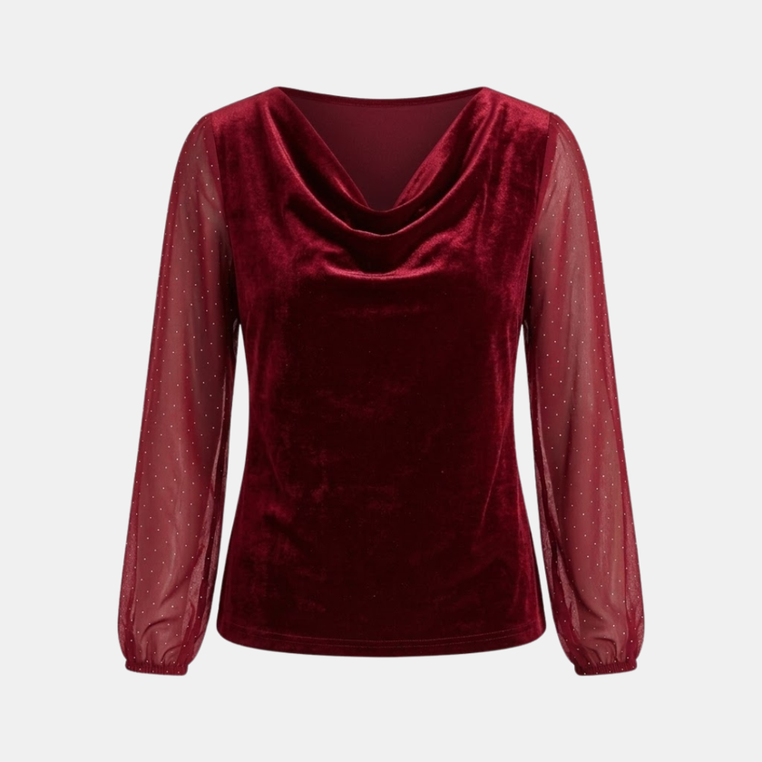 Elegant FJØRNA cowl neck velvet top featuring diamond mesh sleeves, showcasing rich texture and stylish design.