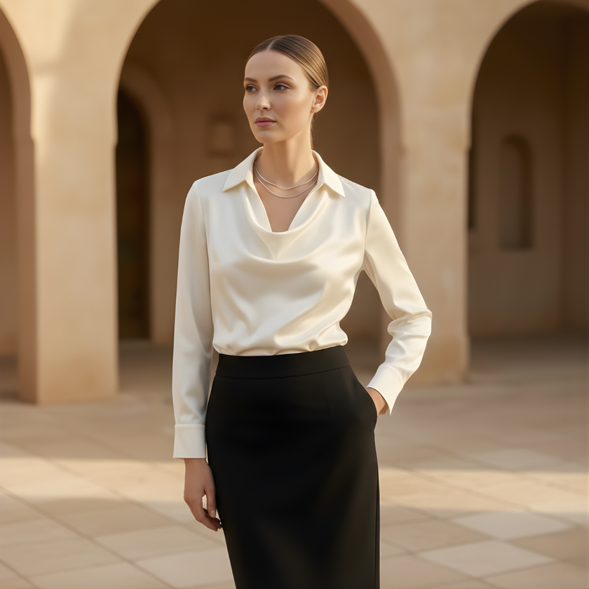 Women's Satin Blouse Draped Neck Elegant Office Formal