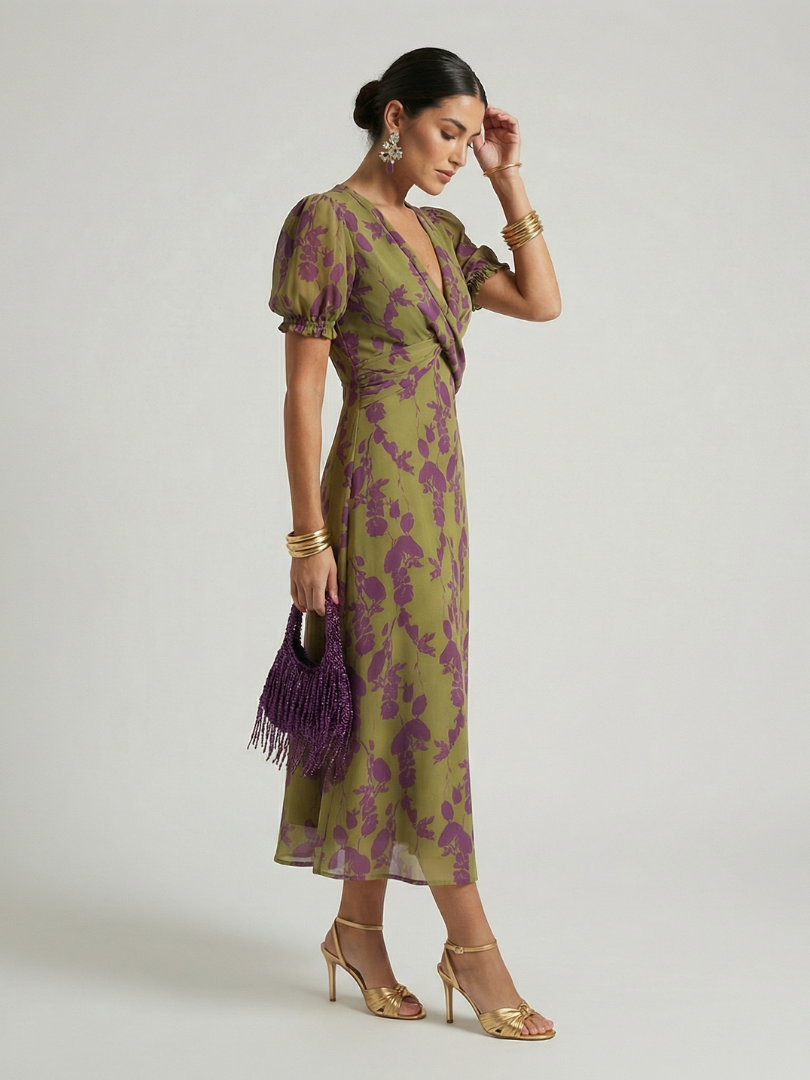 FJØRNA women's summer midi dress with floral pattern, short sleeves, and wrap design, perfect for warm weather.