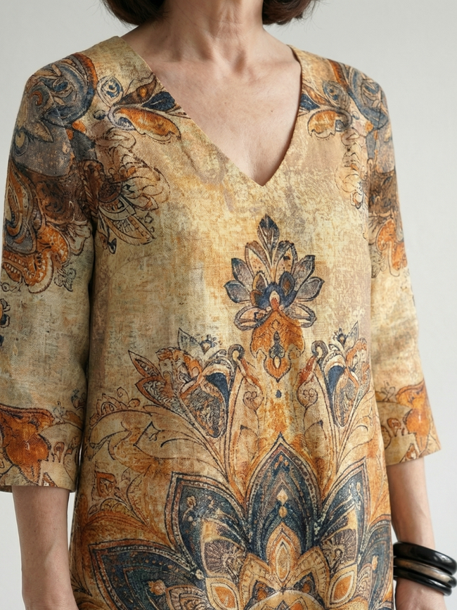 FJØRNA women's floral summer midi dress with long sleeves, flowy and breathable fabric, perfect for warm-weather wear.
