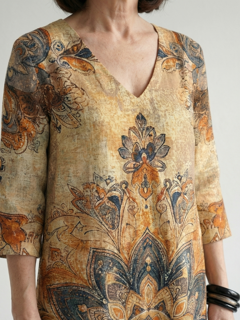 FJØRNA women's floral summer midi dress with long sleeves, flowy and breathable fabric, perfect for warm-weather wear.