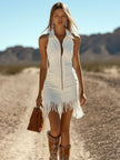 White Denim Tassel Mini Dress For Women