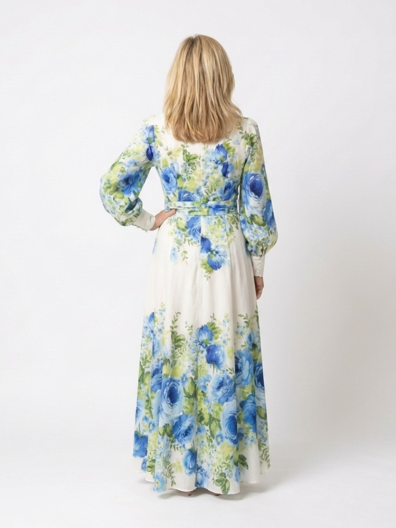 FJØRNA women's summer maxi dress with floral print, flowy lightweight and breathable fabric, perfect for warm weather.