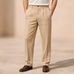 Men's linen straight-leg trousers by FJØRNA featuring a relaxed fit and striped pattern, displayed on a hanger.