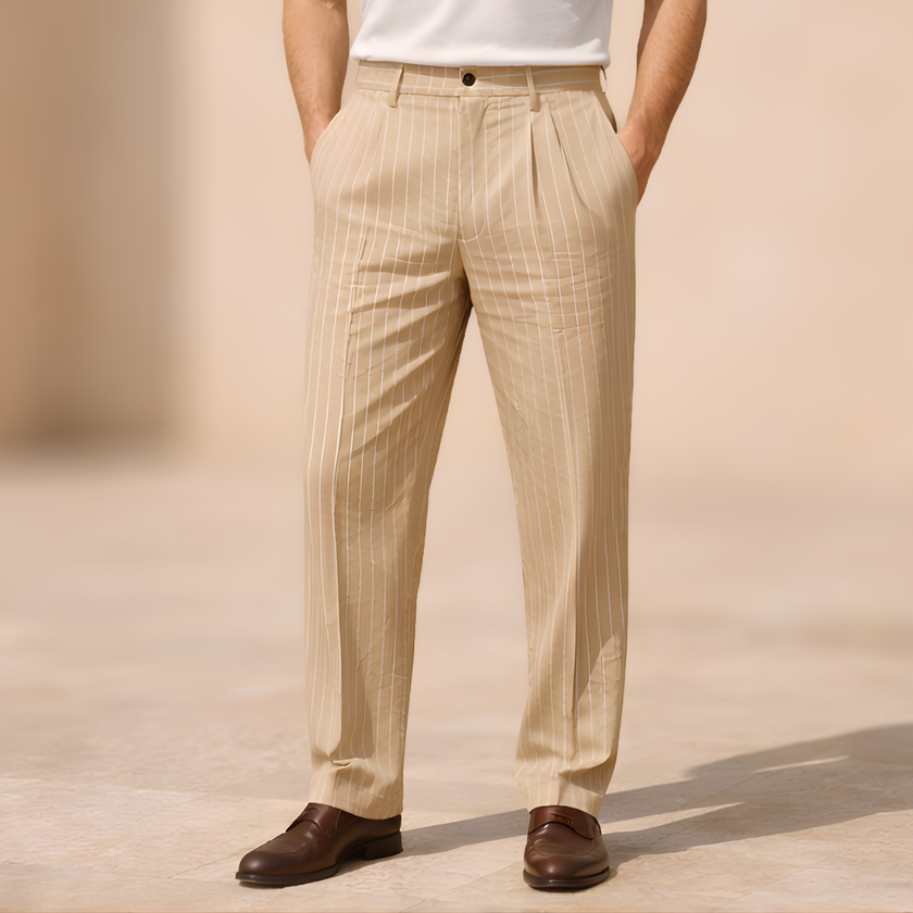 Men's linen straight-leg trousers by FJØRNA featuring a relaxed fit and striped pattern, displayed on a hanger.