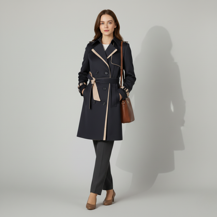 Women's Double-Breasted Trench Coat with Belt and Cuff Straps – Classic Stylish Outerwear for Transitional Seasons