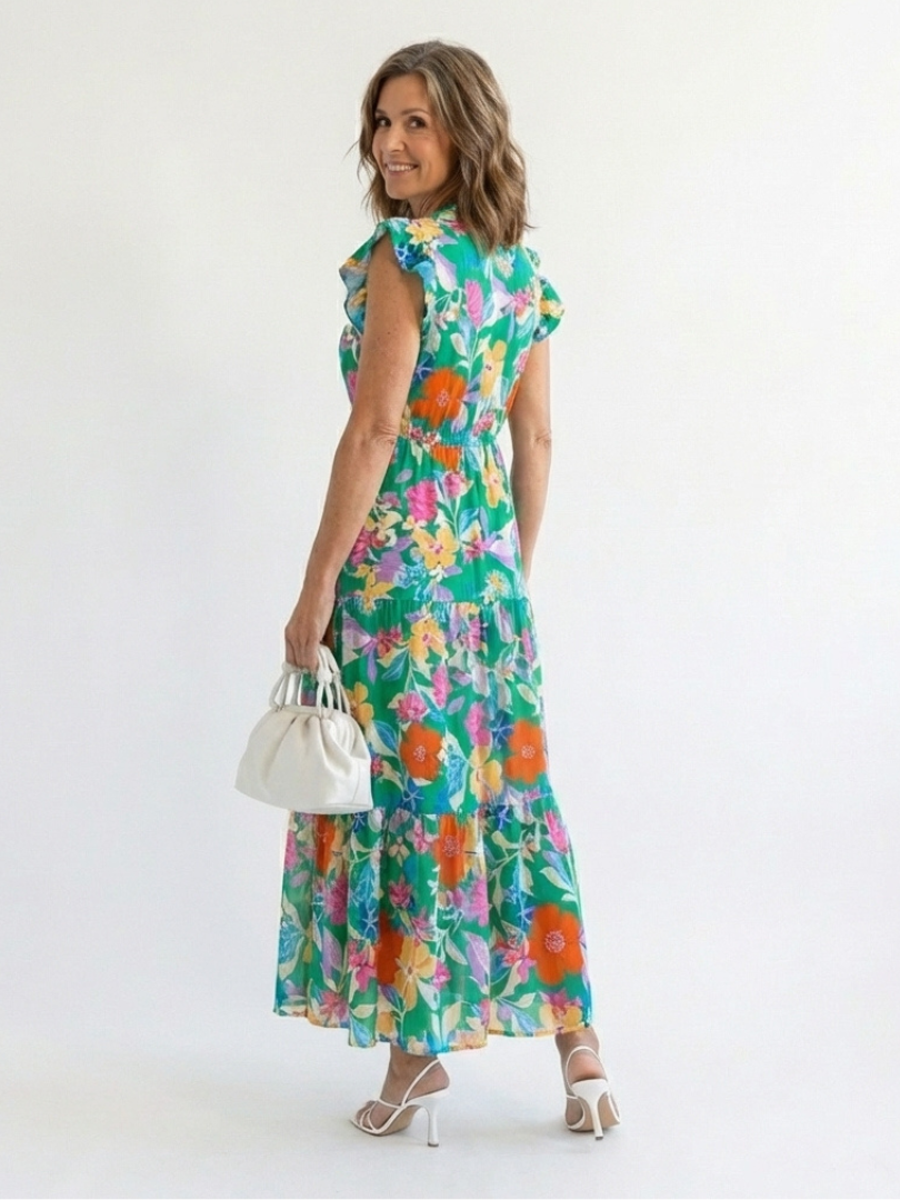 FJØRNA women's floral tiered summer midi dress with a flowy, feminine design and lightweight fabric.