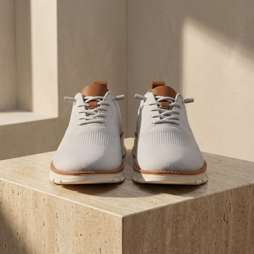 FJØRNA men's breathable mesh trainers showing lightweight gray and black athletic shoes with breathable fabric and supportive soles.