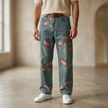 Men's denim jeans by FJØRNA featuring floral pattern, casual pants with classic denim texture and stylish floral design.