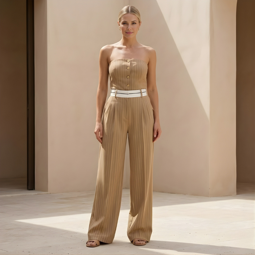 FJØRNA women's pinstripe strapless wide-leg jumpsuit, stylish set with fitted bodice and flowing wide-leg pants, elegant and modern.