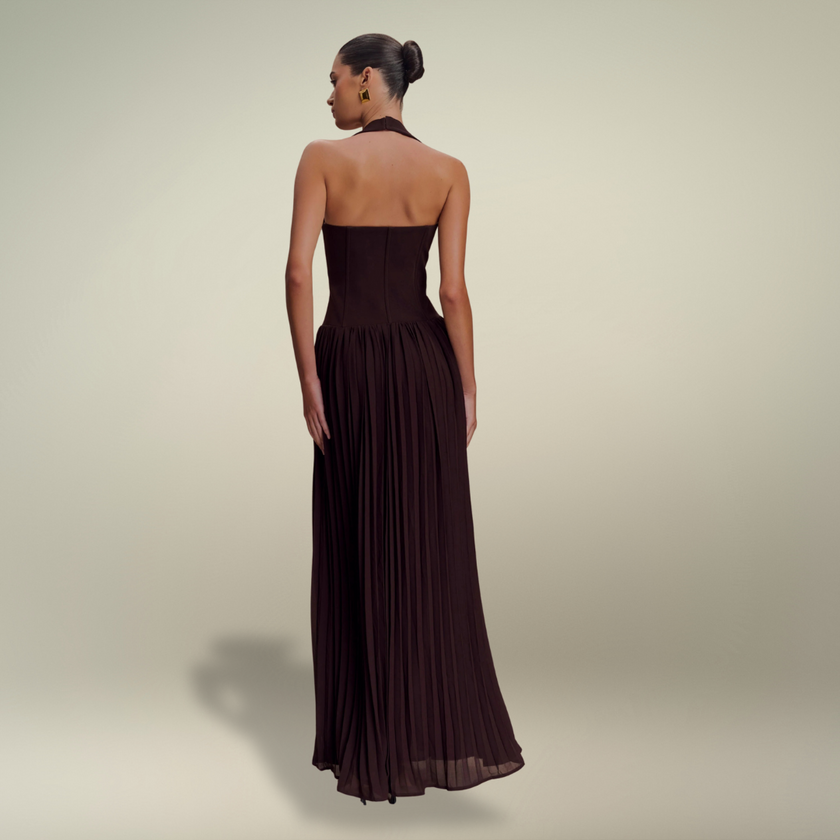 FJØRNA Studio | Pleated Halter Maxi Dress with Drop Waist