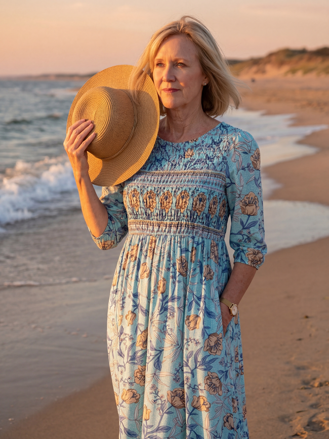 FJØRNA women's summer midi dress with floral print, short sleeves, wrap style, and flowy fabric for a breezy look.
