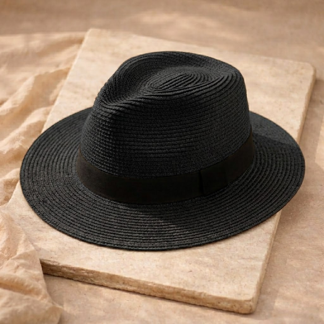 FJØRNA Carolous men's handcrafted classic Panama hat with a wide brim and woven straw design for stylish sun protection.