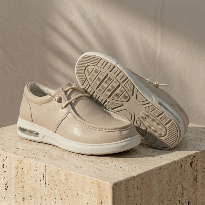 Red leather men's walking shoes by FJØRNA with orthopedic support, featuring a comfortable design and durable leather upper.