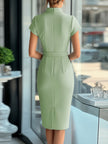 FJØRNA sky blue asymmetrical dress for women with belt, stylish and elegant dress featuring a unique hemline and fitted waist.