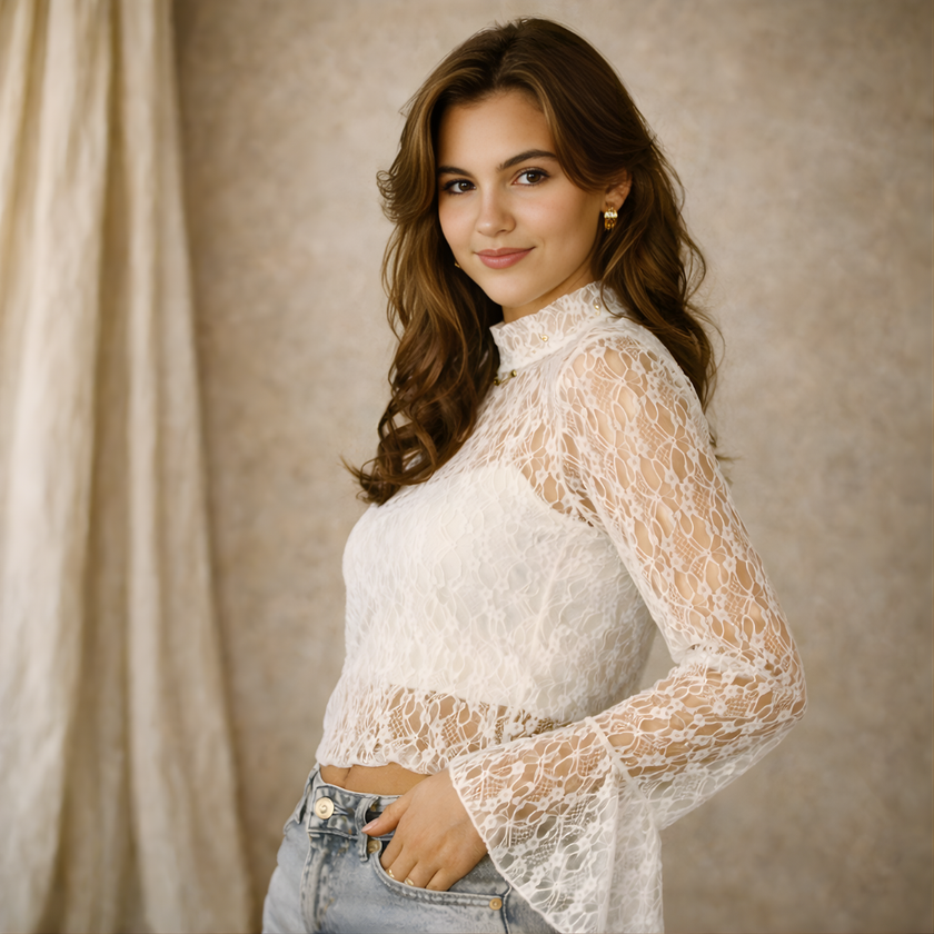 FJØRNA lace top for women with mock neck, featuring intricate lace fabric and long sleeves, stylish and elegant women’s top.