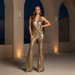 FJØRNA women's sequin jumpsuit with stylish pants and long sleeves, featuring shimmering sequins and a fitted silhouette.