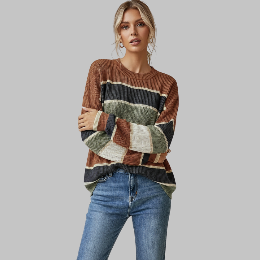 Women's Striped Colour-Block Crewneck Sweater